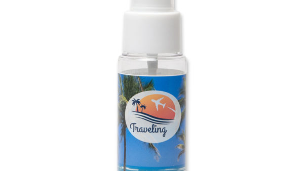 Hygiënische hand desinfectie spray in flesjes van 50 of 100 ml.